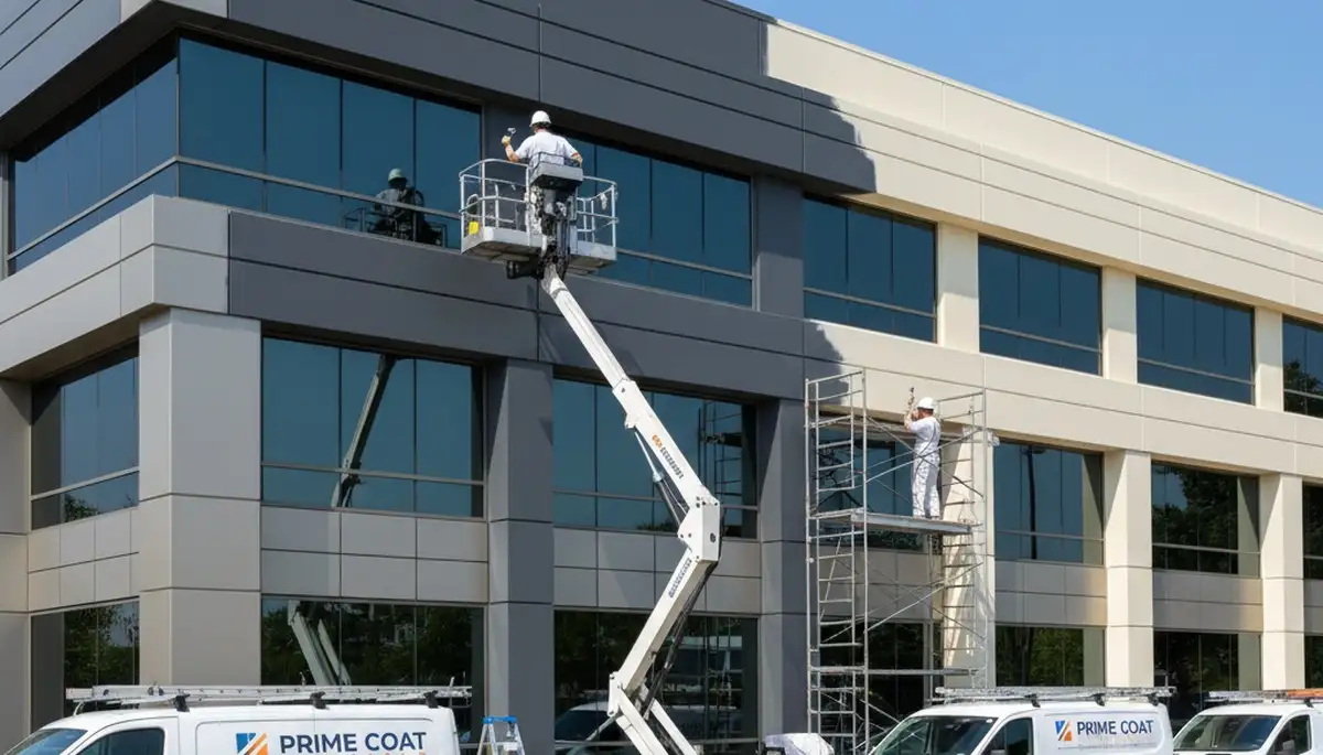 Professional commercial painters working on an office exterior in Ogden, UT