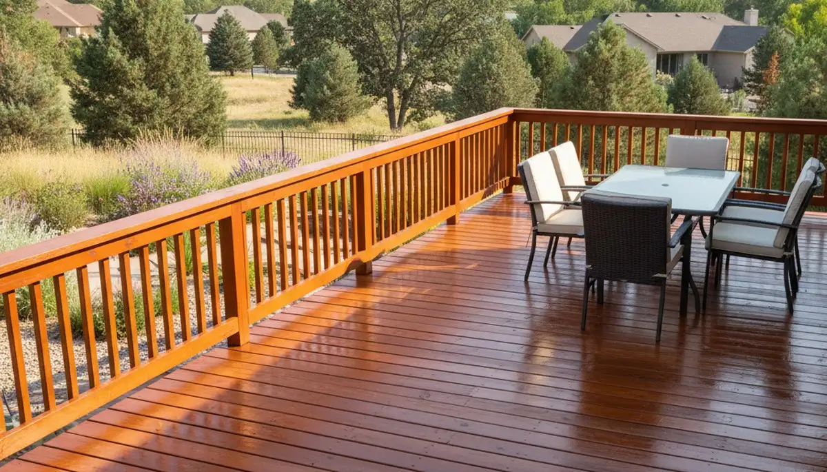 Finished deck staining in Ogden, UT showing rich wood color and weather-resistant professional finish