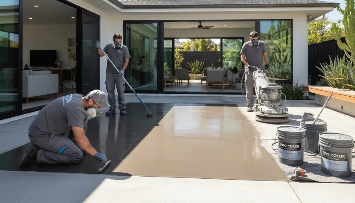 Concrete staining on residential patio in Ogden, UT by professional house painters for durable finish