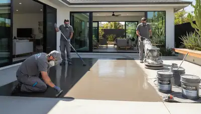 Concrete staining on residential patio in Ogden, UT by professional house painters for durable finish