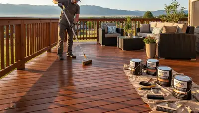 Professional painter applying protective deck stain on wood surface in Ogden, UT