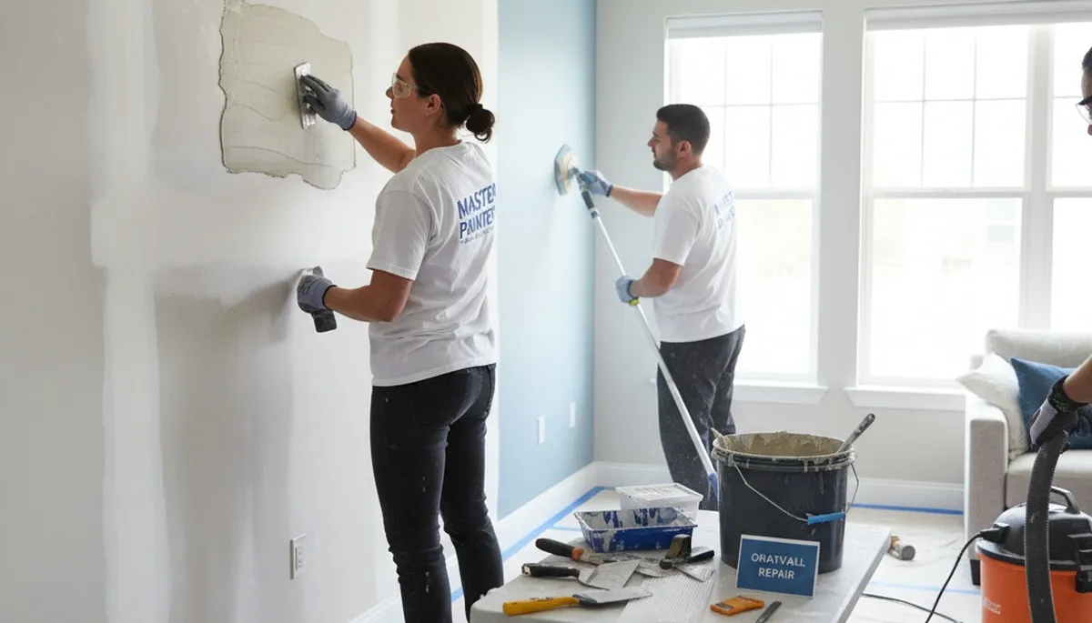 Painter repairing drywall cracks and holes in Ogden, UT home for expert wall restoration