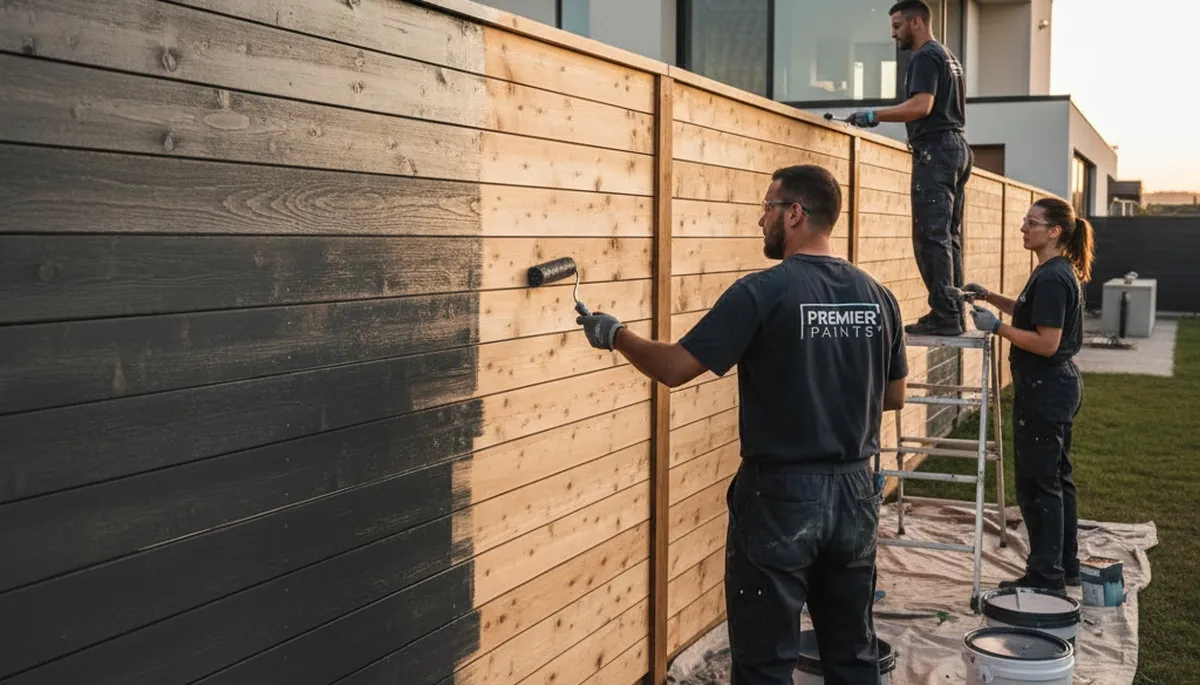 Professional fence painters coating wood fence in Ogden UT with durable weather-resistant finish