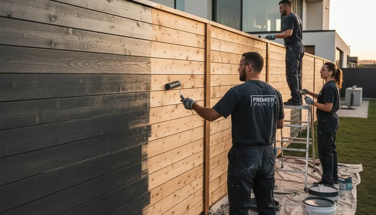 Professional fence painters coating wood fence in Ogden UT with durable weather-resistant finish