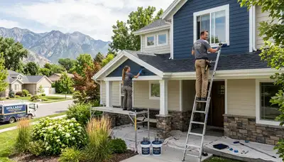 Professional house painters in Ogden UT applying exterior paint to a residential home