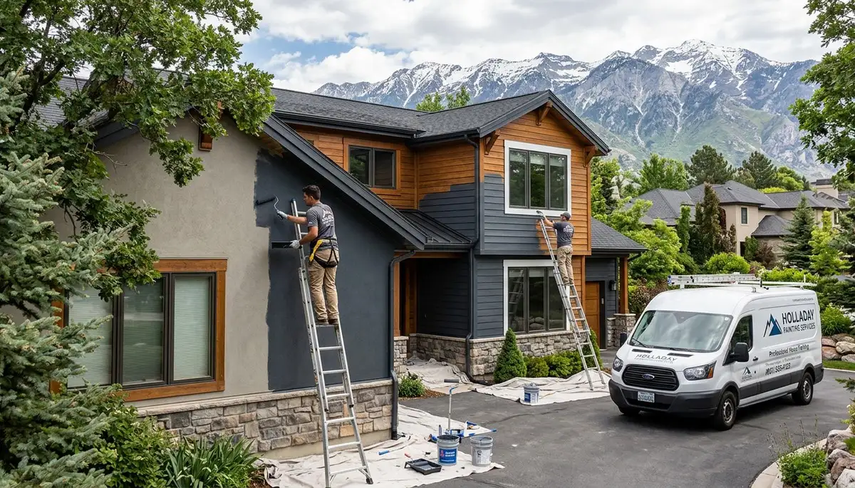 Professional house painters in Ogden UT applying exterior paint to a residential home façade