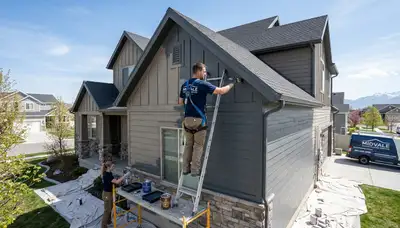 Professional house painters working on home exterior in Ogden UT by paintersogdenut.com