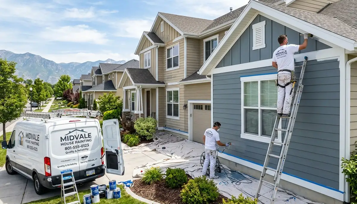 Professional house painters in Ogden UT applying exterior paint to a residential home