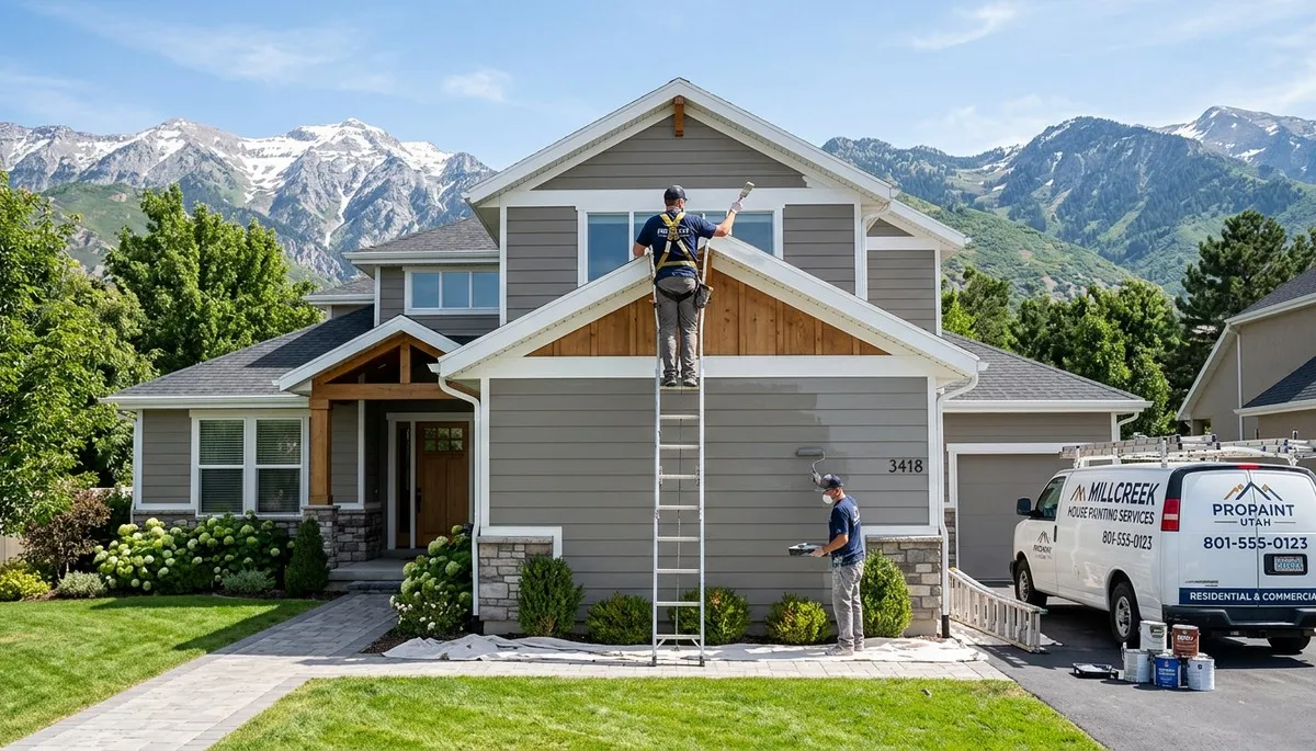 Professional house painters working on exterior home in Ogden, UT