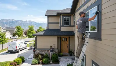 Professional house painters working on exterior home in Ogden, UT