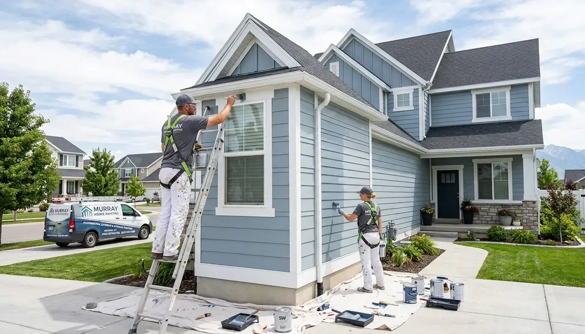 Professional house painters working on home exterior in Ogden, UT