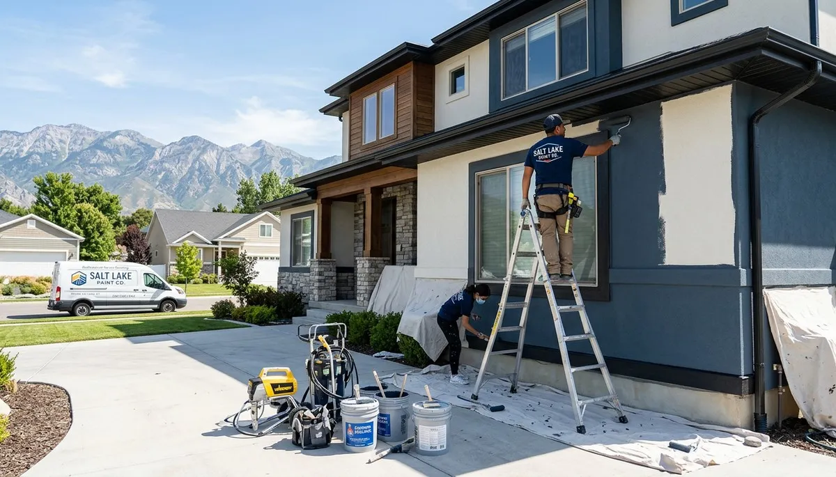 Professional house painters in Ogden UT applying exterior paint to a residential home façade
