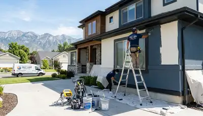 Professional house painters in Ogden UT applying exterior paint to a residential home façade