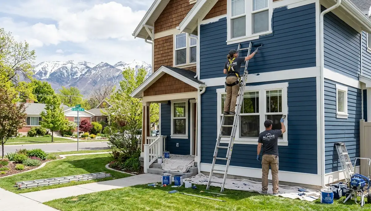 Professional house painters finishing exterior home in Ogden, UT