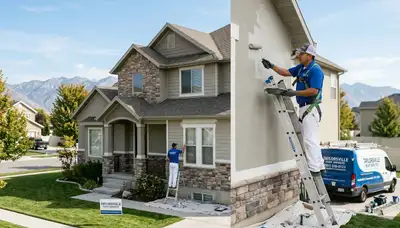 Professional house painters working on exterior home in Ogden, UT
