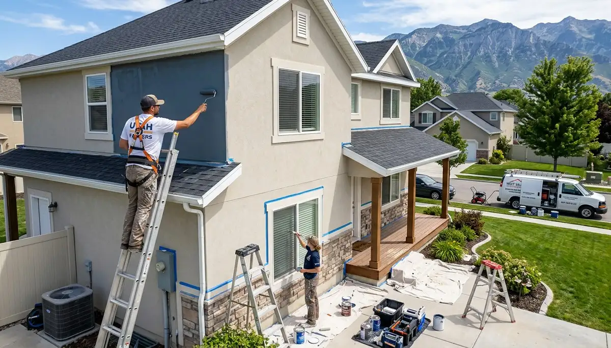 Professional house painters working on residential exterior in Ogden, UT