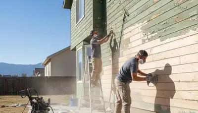 Painter sanding home exterior for new coating during surface prep in Ogden, UT